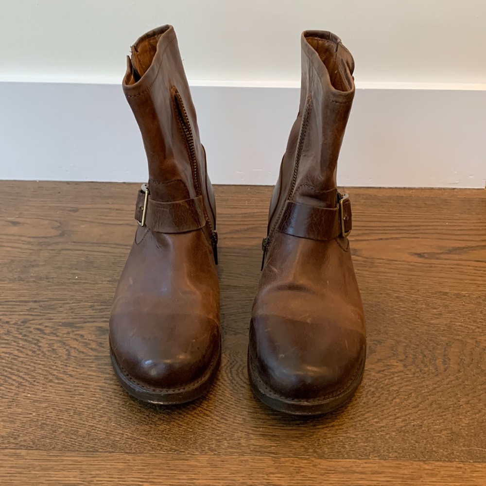 Frye Vicky Engineer, dark brown leather ankle boots, with brass buckles, size 8.